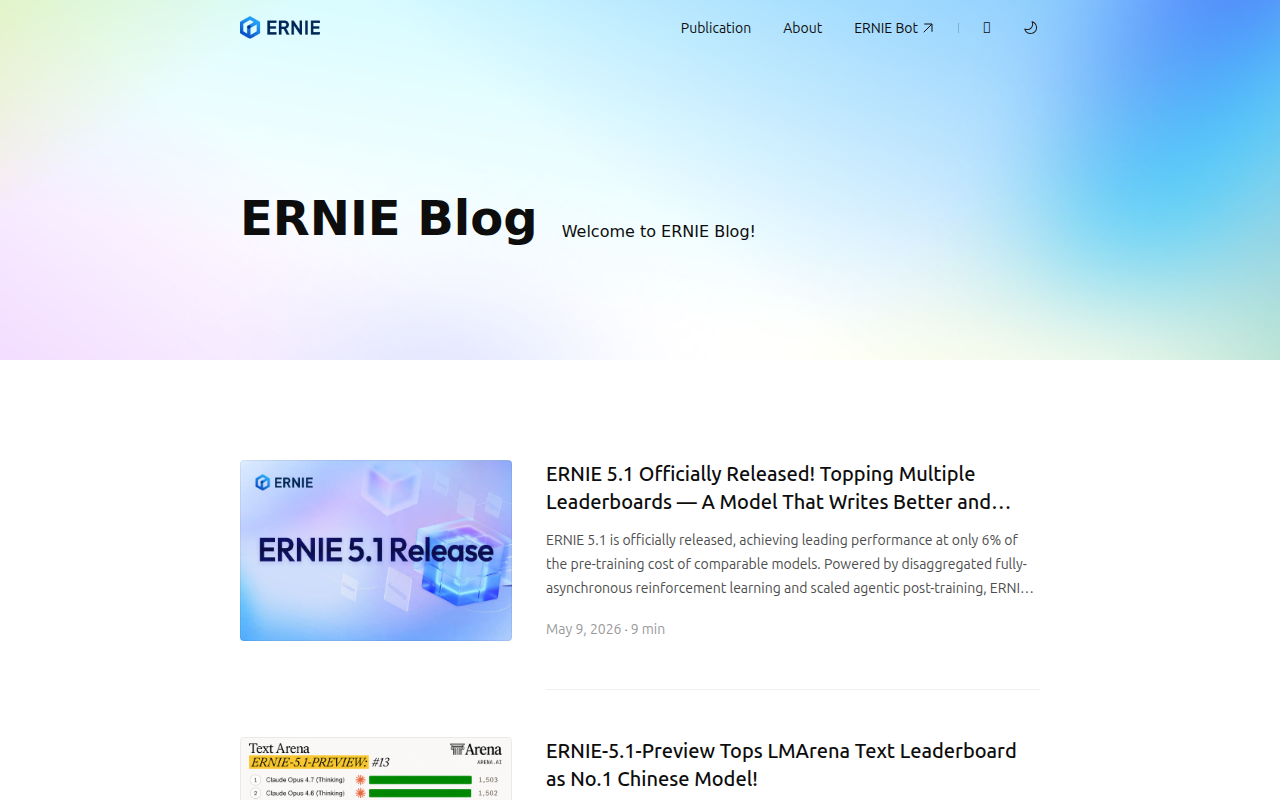 ERNIE β Baidus fuehrendes KI-Modell: ERNIE 5.1 fuehrt LMArena Text Leaderboard als bestes chinesisches Modell (Screenshot der offiziellen ERNIE-Startseite)