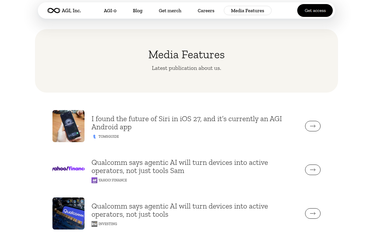 AGI Inc. — Media Features und Investor Coverage: AGI-0 Mobile-Use Agent Plattform mit lokalem On-Device-AI-Modell fuer persoenliche Assistenten (Screenshot des Media-Features-Bereichs)