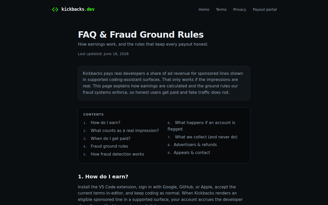 Kickbacks.dev FAQ β Anti-Fraud-Regeln und Auszahlungsbedingungen fuer den dezentralen Werbe-Marktplatz mit 70% Developer-Revenue-Share (Screenshot des offiziellen FAQ-Bereichs)