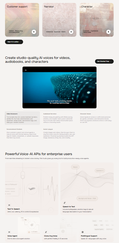 🎙️ Fish Audio — Fish Audio ist ein Anbieter für KI-Sprachsynthese, der sowohl Open-Source-Modelle als auch eine kommerzielle API anbietet. Die Plattform fokussiert sich auf hochwertige Sprachsynthese mit einer großen Voice-Bibliothek.