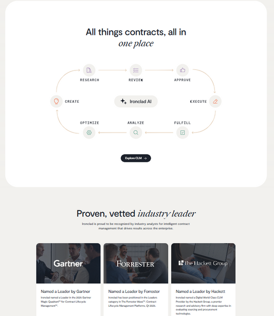🛡️ Ironclad ist eine 2014 in San Francisco gegründete KI-gestützte CLM-Plattform (Contract Lifecycle Management), die juristische, vertriebs- und beschaffungstechnische Teams beim Erstellen, Verhandeln und Verwalten digitaler Verträge unterstützt