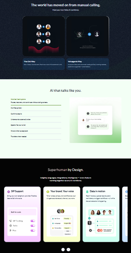 🧞 VoiceGenie — ist eine Enterprise-Voice-AI-Plattform für automatisierte Outbound- und Inbound-Konversationen mit 12M+ verarbeiteten Minuten, 1200+ Kunden und 30-Sekunden-Setup ohne Dev-Team VoiceGenie richtet sich an Sales- und Support-Teams, die Outbound-Campaigns, Lead-Qualifizierung, Terminbuchung und Collections ohne zusätzliche Headcount skalieren wollen.