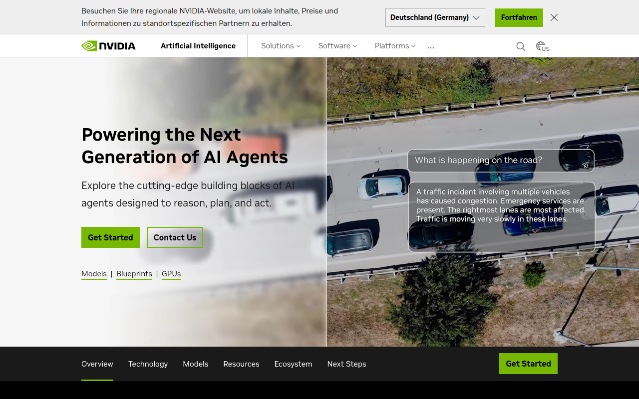 NVIDIA AI — Enterprise-KI-Plattform mit GPU-beschleunigten Modellen wie Nemotron und BioNeMo fuer Training und Inferenz auf der weltweit fuehrenden KI-Infrastruktur (Screenshot der offiziellen NVIDIA AI-Startseite)