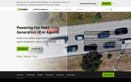 NVIDIA AI — Enterprise-KI-Plattform mit GPU-beschleunigten Modellen wie Nemotron und BioNeMo fuer Training und Inferenz auf der weltweit fuehrenden KI-Infrastruktur (Screenshot der offiziellen NVIDIA AI-Startseite)