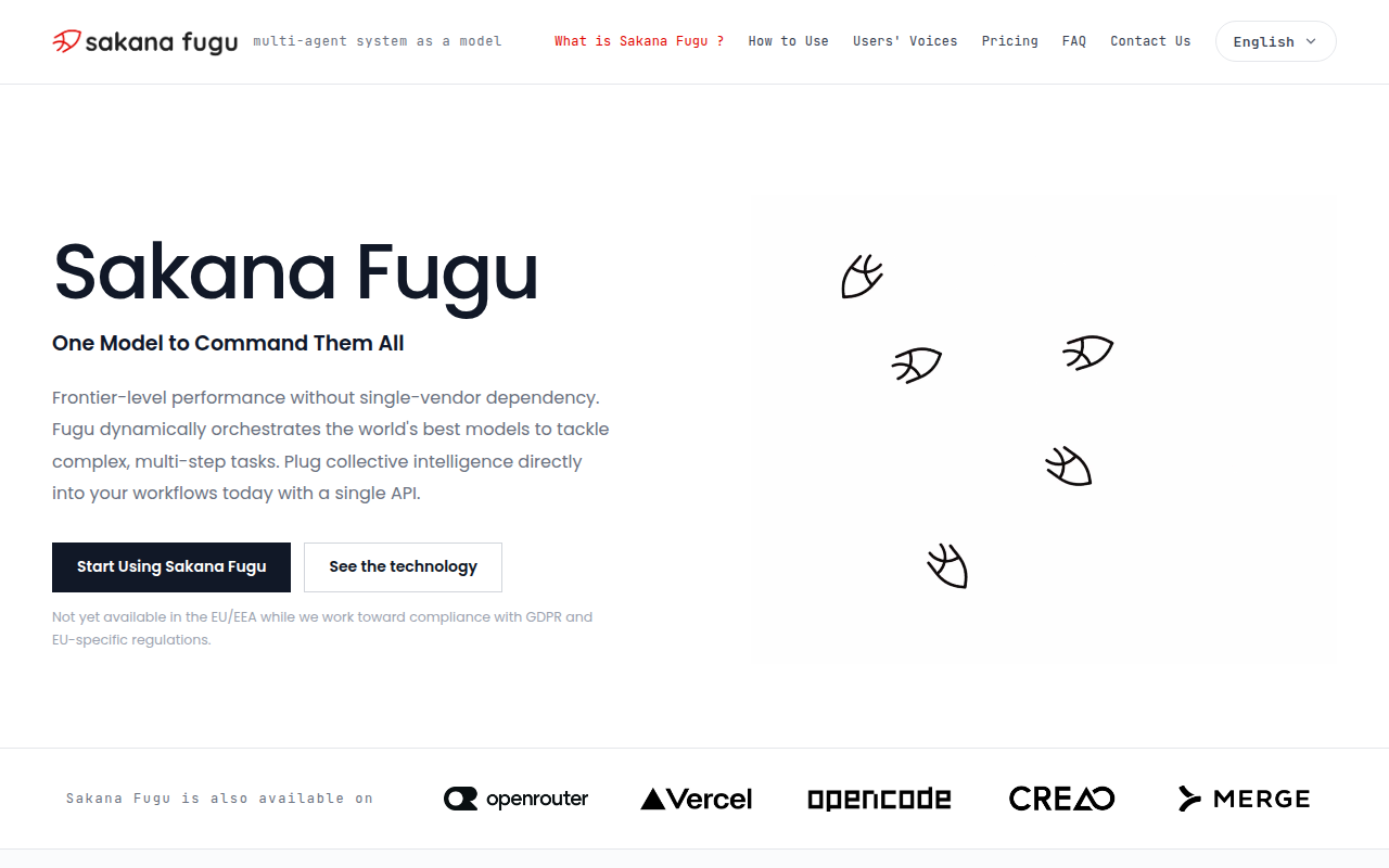 Sakana Fugu — Multi-Agent-System aus Japan fuer komplexe KI-Aufgaben mit spezialisierten Sub-Agenten und Foundation-Modellen (Screenshot der offiziellen Sakana-Fugu-Produktseite)