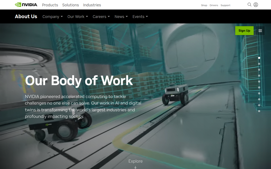 NVIDIA — Weltmarktfuehrer GPU-KI mit Nemotron, NIM Microservices und AI Foundation Models fuer Enterprise-Anwendungen (Screenshot der offiziellen NVIDIA-About-Seite)
