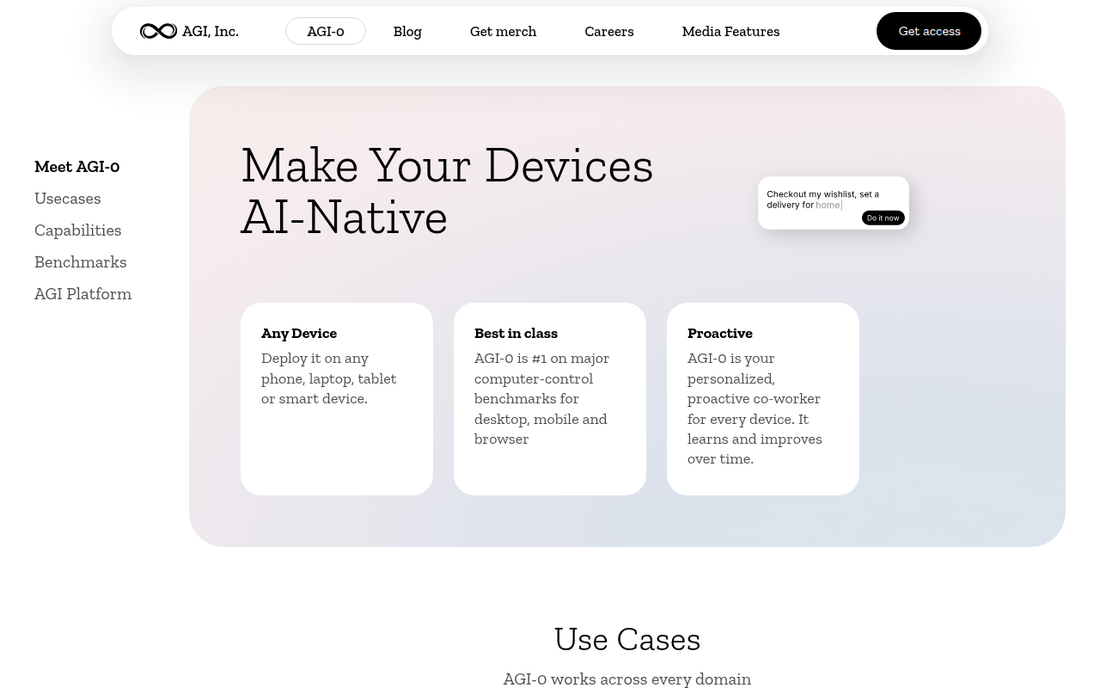AGI Inc. — AGI-0 Autonomer KI-Agent fuer Mobile-Use: On-Device Foundation-Model fuer Desktop-Automatisierung (Screenshot der offiziellen AGI-0 Produktseite)