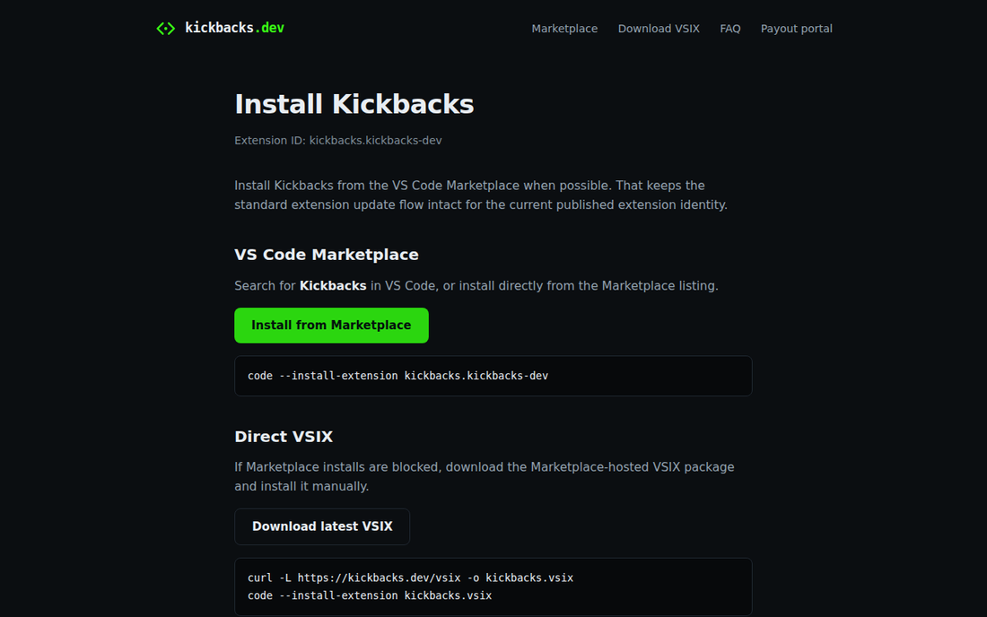 Kickbacks.dev — Ad-Marketplace fuer Entwickler: 70% Revenue-Share an Entwickler aus dezentralem Ad-Marktplatz mit Lade-Wartezeit-Werbung (Screenshot der Installationsanleitung)