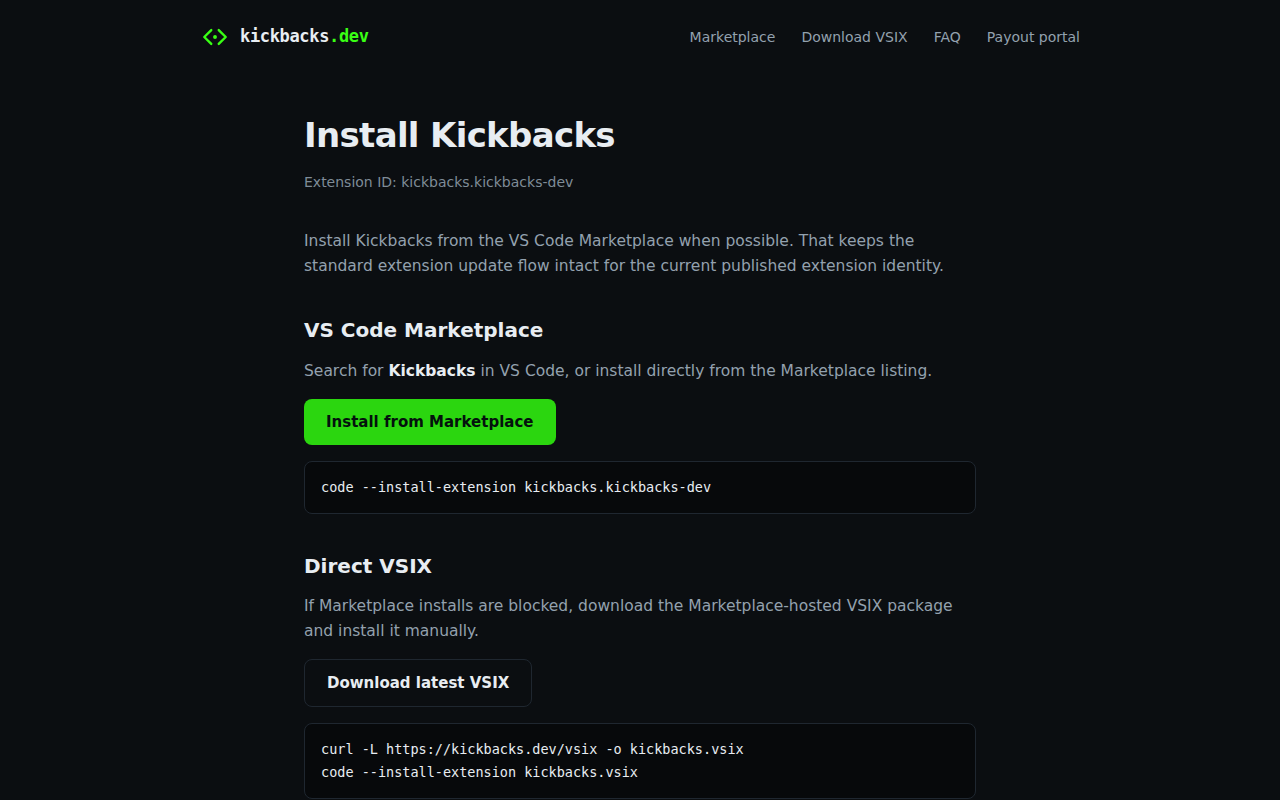 Kickbacks.dev — Ad-Marketplace fuer Entwickler: 70% Revenue-Share an Entwickler aus dezentralem Ad-Marktplatz mit Lade-Wartezeit-Werbung (Screenshot der Installationsanleitung)