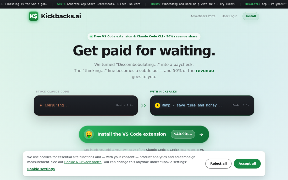 Kickbacks.ai — Werbe-Marketplace fuer KI-Agenten: Entwickler verdienen 50% an Werbe-Einnahmen aus AI-Wartezeiten (Screenshot der Get-Paid Produktinfo-Seite)