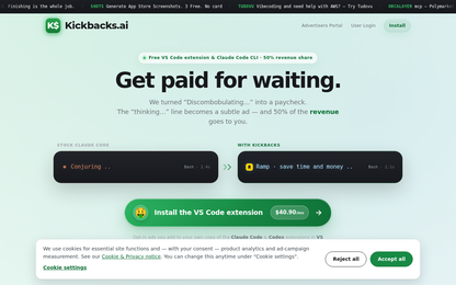Kickbacks.ai — Werbe-Marketplace fuer KI-Agenten: Entwickler verdienen 50% an Werbe-Einnahmen aus AI-Wartezeiten (Screenshot der Get-Paid Produktinfo-Seite)