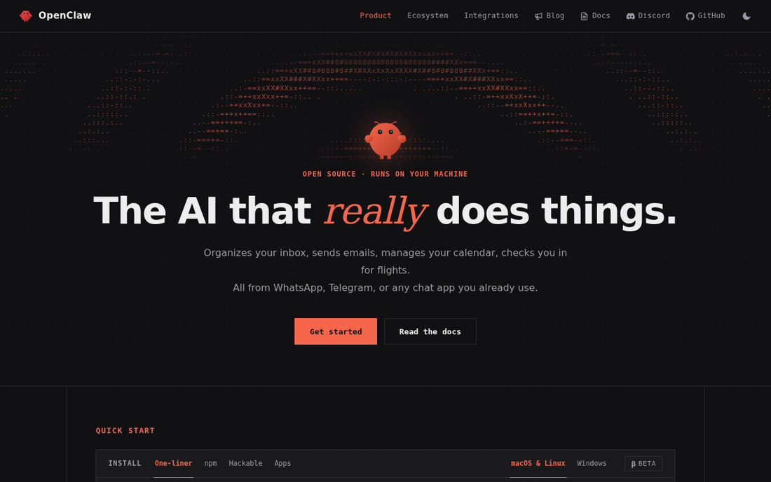 OpenClaw Moltbot — Persoenlicher KI-Assistent fuer Chat-Apps: Open-Source AI-Agent der auf eigenem Computer laeuft und mit WhatsApp/Telegram/Slack arbeitet (Screenshot der OpenClaw-Hauptseite)