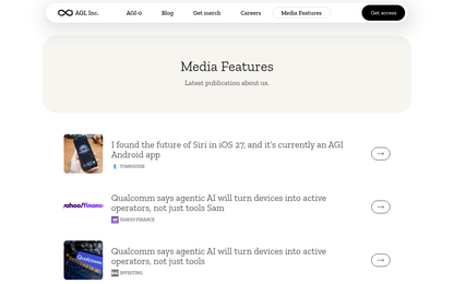 AGI Inc. — Media Features und Investor Coverage: AGI-0 Mobile-Use Agent Plattform mit lokalem On-Device-AI-Modell fuer persoenliche Assistenten (Screenshot des Media-Features-Bereichs)