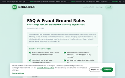 Kickbacks.ai FAQ — Haeufige Fragen zu Revenue-Share, Auszahlungen und Anti-Fraud-Regeln fuer den KI-Wartezeit-Werbemarktplatz (Screenshot des offiziellen FAQ-Bereichs)