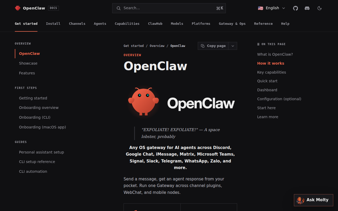 OpenClaw Moltbot Docs — Dokumentation und Installationsanleitung fuer den persoenlichen Open-Source KI-Assistenten (Screenshot der offiziellen OpenClaw-Dokumentation)