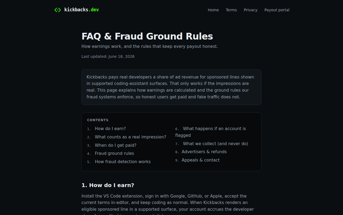 Kickbacks.dev FAQ — Anti-Fraud-Regeln und Auszahlungsbedingungen fuer den dezentralen Werbe-Marktplatz mit 70% Developer-Revenue-Share (Screenshot des offiziellen FAQ-Bereichs)