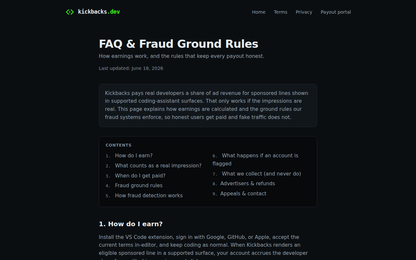 Kickbacks.dev FAQ — Anti-Fraud-Regeln und Auszahlungsbedingungen fuer den dezentralen Werbe-Marktplatz mit 70% Developer-Revenue-Share (Screenshot des offiziellen FAQ-Bereichs)