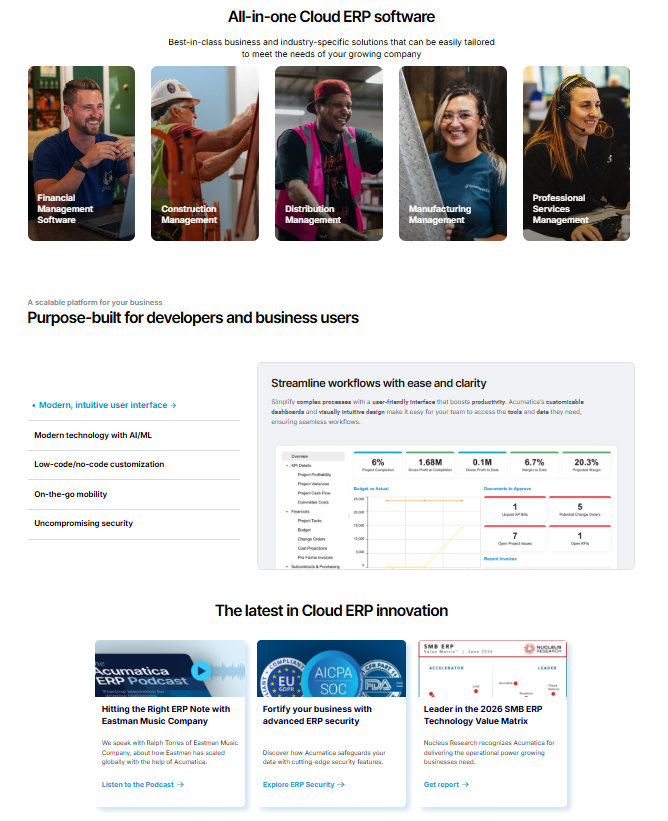 Acumatica – Detailansicht mit Cloud-Funktionen für Finanzmanagement, Vertrieb, Distribution, Produktion, Projektbuchhaltung und Kundenportal mit flexibler Verbrauchslizenzierung.