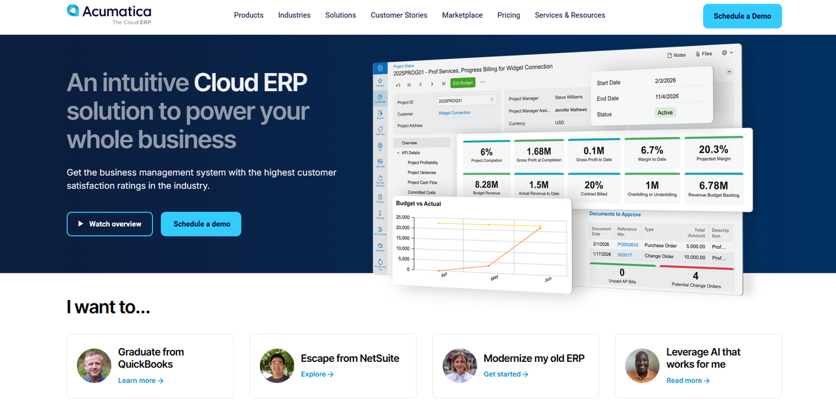 Acumatica – offizielle Startseite der Cloud-nativen ERP-Plattform aus Bellevue mit Hauptbotschaft und Branchenlösungen für Fertigung, Handel, Bauwirtschaft und Dienstleister.