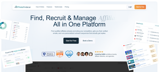 🔍 AffiliateFinder.ai — AffiliateFinder.ai ist eine AI-gestützte Affiliate-Recruiting-Plattform, die SaaS-Unternehmen und AI-Tools dabei unterstützt, qualifizierte Affiliates zu finden, zu verifizieren und direkt anzusprechen. Das von Jamie Dunmore gegründete Unternehmen scannt Google, YouTube, Instagram, TikTok und über 100 Affiliate-Netzwerke, um potenzielle Partner mit verifizierten E-Mail-Adressen zu identifizieren. Mit über 2.600 Kunden und einer durchschnittlichen Bewertung von 4,9 Sternen hat sich di