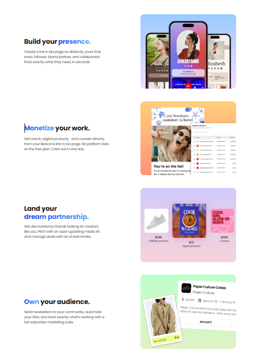 🧿 Beacons.ai — Das Unternehmen ist eine Link-in-Bio-Plattform für Creator, die mehrere Einkommensströme in einem zentralen Business-Hub bündelt. Über zehn Millionen Creator nutzen die Plattform, um Inhalte zu veröffentlichen und daraus Einkommen zu generieren