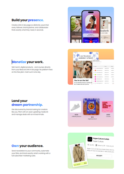 🧿 Beacons.ai — Das Unternehmen ist eine Link-in-Bio-Plattform für Creator, die mehrere Einkommensströme in einem zentralen Business-Hub bündelt. Über zehn Millionen Creator nutzen die Plattform, um Inhalte zu veröffentlichen und daraus Einkommen zu generieren