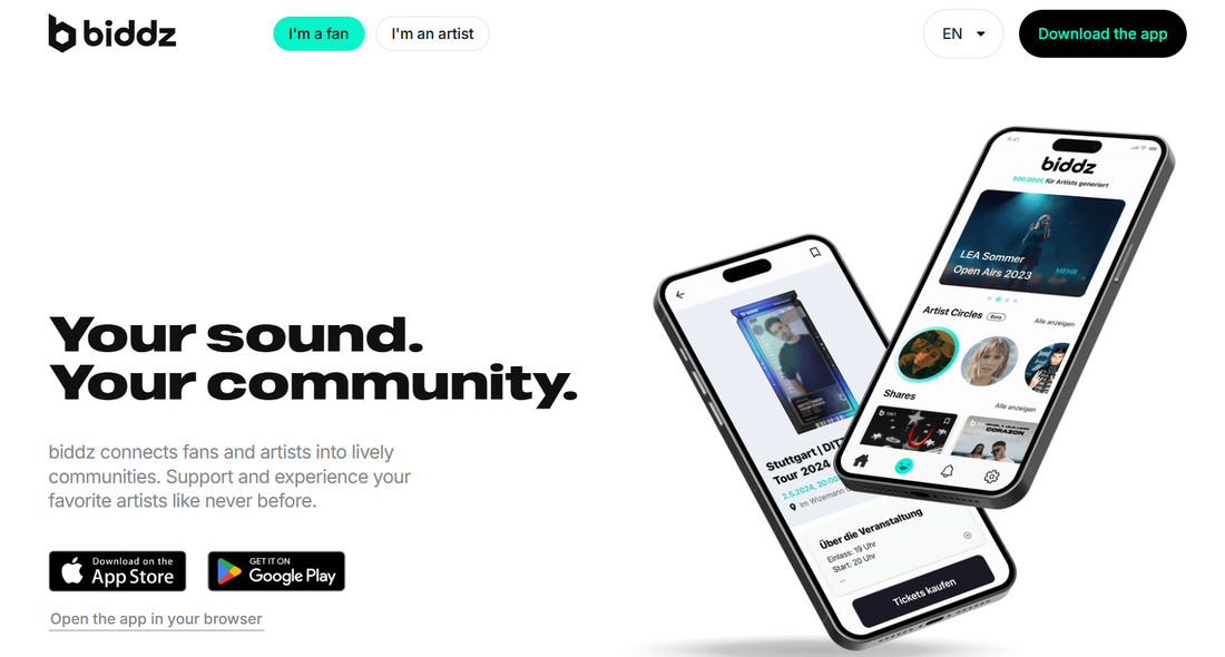 🎧 Biddz — Biddz ist eine deutsche Musik-Community-Plattform aus Berlin, die Fans und Künstler durch digitale Anteile an unreleased Songs verbindet

Biddz richtet sich an Musikfans, aufstrebende Künstler und Community-Builder im DACH-Raum, die durch Investitionen ihre Lieblingskünstler unterstützen wollen.