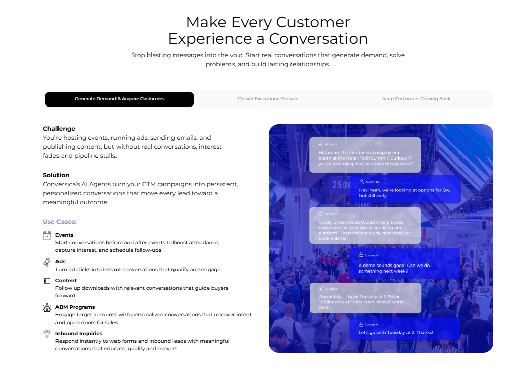 🇺🇸 Conversica ist eine 2009 in Foster City gegründete AI-Sales-Assistant-Plattform mit Revenue Digital Assistants die zwei-Wege-Email-, SMS- und Chat-Konversationen initiieren um Leads auf Scale zu engagieren, validieren und qualifizieren.