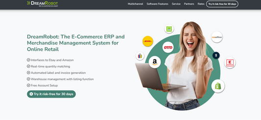 Dreamrobot – offizielle Startseite der deutschen E-Commerce-ERP-Lösung aus Deutschland mit Hauptbotschaft und Navigation zu Funktionen, Marktplatzanbindungen, Versand und Buchhaltung für Onlinehändler.