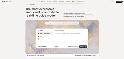 🎙️ Fish Audio — Fish Audio ist ein Anbieter für KI-Sprachsynthese, der sowohl Open-Source-Modelle als auch eine kommerzielle API anbietet. Die Plattform fokussiert sich auf hochwertige Sprachsynthese mit einer großen Voice-Bibliothek.
