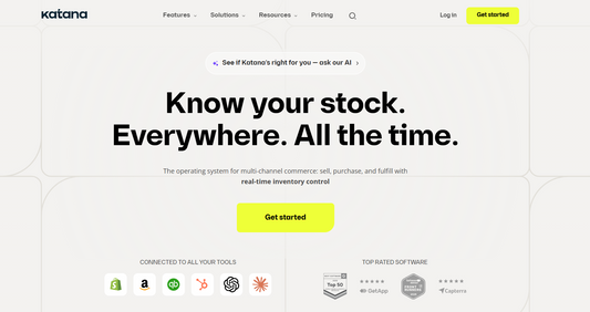 Katana – offizielle Startseite aus Tallinn mit Hero-Botschaft "Know your stock. Everywhere. All the time." und Navigation zu Features, Lösungen, Ressourcen, Pricing und Kunden-Login. Top-Rated auf Capterra und GetApp.