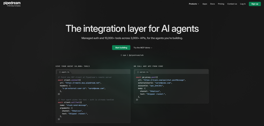 Pipedream Startseite – Developer-Integration-Platform mit über 3000 Apps und zehntausend Triggern und Actions für API-Orchestrierung und AI-Agent-Tool-Execution.