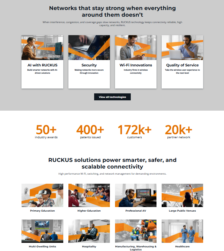 📡 Ruckus Networks — Ruckus Networks ist ein Enterprise-WLAN-Spezialist mit überlegener Performance in schwierigen Umgebungen, seit 2017 Teil von CommScope

Ruckus Networks richtet sich an Unternehmen, Schulen, Hotels und öffentliche Einrichtungen, die zuverlässige WLAN-Verbindungen auch in interferenzreichen Umgebungen benötigen.