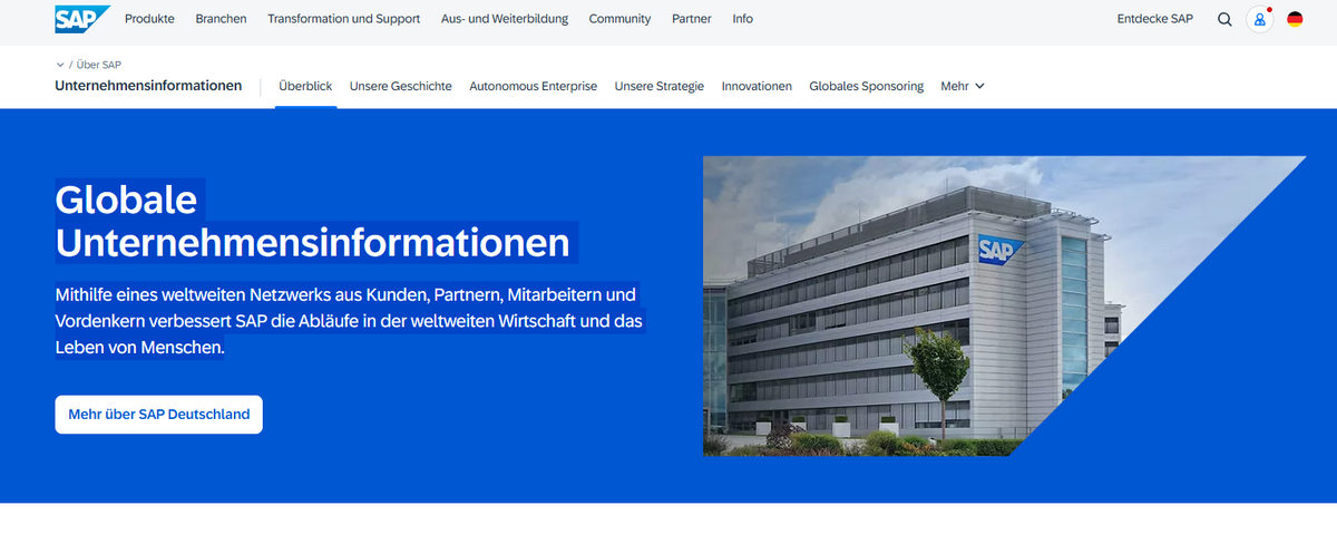 SAP – offizielle Startseite "Globale Unternehmensinformationen" der SAP aus Walldorf mit Hero-Botschaft und Navigation zu Produkten, Branchen, Innovationen und Community.