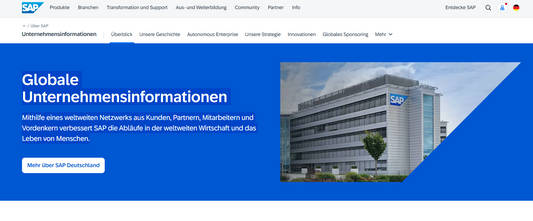 SAP – offizielle Startseite "Globale Unternehmensinformationen" der SAP aus Walldorf mit Hero-Botschaft und Navigation zu Produkten, Branchen, Innovationen und Community.