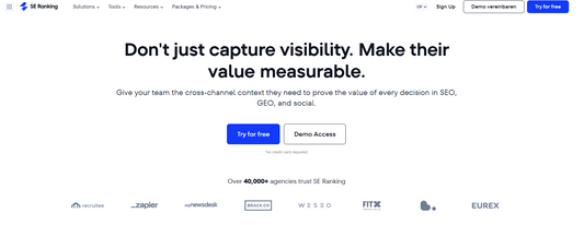 🥇 SE Ranking — SE Ranking ist eine 2013 in Belarus gegruendete All-in-One SEO-Plattform, die Rank-Tracking, Website-Audit, Backlink-Monitoring, On-Page-Checker und seit 2024 einen AI-Visibility-Tracker fuer ChatGPT, Perplexity und Google AI Overviews in einem Dashboard vereint. Die Loesung richtet sich an Inhouse-SEO-Teams, Agenturen und Unternehmen, die SEO- und AI-Sichtbarkeit datengetrieben messen wollen