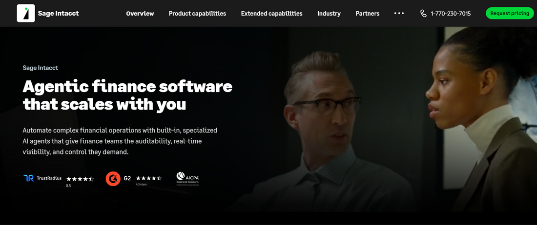 Sage Intacct – offizielle Startseite der Cloud-Finance-ERP-Plattform aus San Jose mit Hauptbotschaft für wachsende Unternehmen mit Multi-Entity-Buchhaltung und Echtzeit-Reporting.