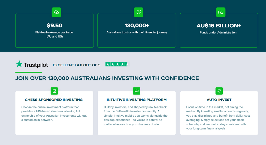 🇦🇺 Selfwealth — (jetzt by Syfe) ist ein australischer Online-Broker, 2012 in Melbourne gegründet mit über 130.000 Kunden und CHESS-sponsored HIN-basierten Investitionen

Selfwealth richtet sich an Australische Retail-Investoren, die transparente Flat-Fee-Gebühren und vollen Eigentums-Brokerage an der ASX, Cboe, NYSE und Nasdaq suchen.