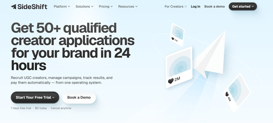 ⚡ SideShift — SideShift ist eine 2024 in New York gegründete Creator-Marketplace mit über 800.000 Creators, die Marken ermöglicht Recruiting Management und automatisierte Bezahlung von Hunderten Creators gleichzeitig

Über SideShift: SideShift wurde 2024 in New York gegründet und hat sich seitdem als verlässlicher Anbieter im Markt etabliert. Das Unternehmen bietet innovative Lösungen, die speziell auf die Anforderungen moderner E-Commerce- und Marketing-Workflows zugeschnitten sind. Im Mittelpunkt der Unte