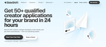 ⚡ SideShift — SideShift ist eine 2024 in New York gegründete Creator-Marketplace mit über 800.000 Creators, die Marken ermöglicht Recruiting Management und automatisierte Bezahlung von Hunderten Creators gleichzeitig

Über SideShift: SideShift wurde 2024 in New York gegründet und hat sich seitdem als verlässlicher Anbieter im Markt etabliert. Das Unternehmen bietet innovative Lösungen, die speziell auf die Anforderungen moderner E-Commerce- und Marketing-Workflows zugeschnitten sind. Im Mittelpunkt der Unte