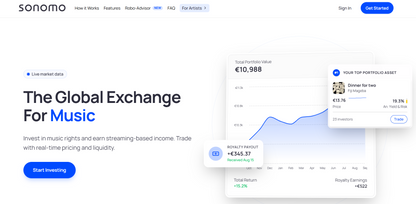 💼 Sonomo — Sonomo ist eine globale Börse für Musikanteile, die Anlegern ermöglicht, in Musikrechte zu investieren und laufende Einnahmen aus Streaming zu erhalten

Sonomo richtet sich an Aktive Investoren, Musikfans und Sammler, die mit Musikanteilen handeln und vom Streaming-Markt profitieren möchten.