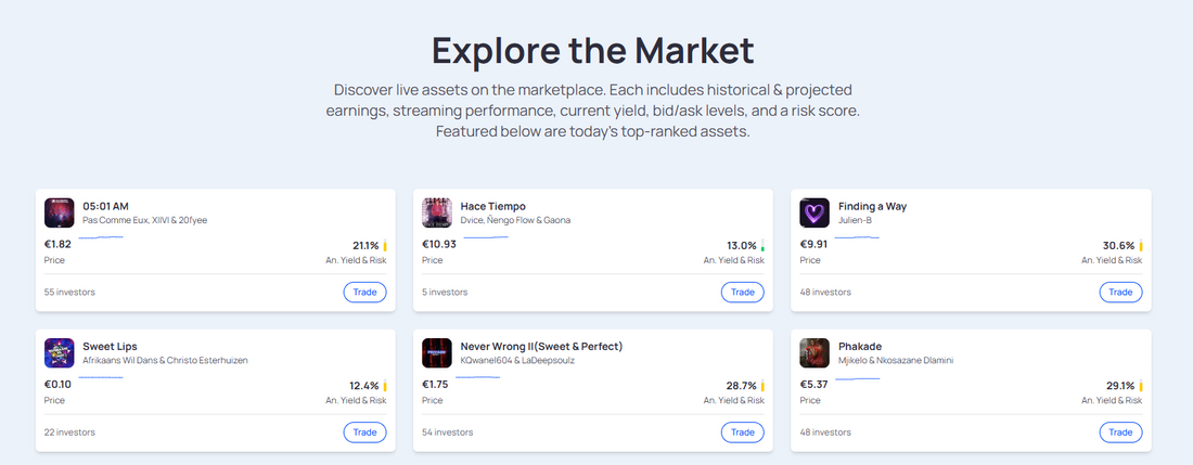 💼 Sonomo — Sonomo ist eine globale Börse für Musikanteile, die Anlegern ermöglicht, in Musikrechte zu investieren und laufende Einnahmen aus Streaming zu erhalten

Sonomo richtet sich an Aktive Investoren, Musikfans und Sammler, die mit Musikanteilen handeln und vom Streaming-Markt profitieren möchten.