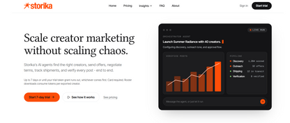 🇺🇸 Storika — Storika ist eine 2025 in Seattle gegründete AI-native Plattform, die mit autonomen AI-Agents das gesamte Creator-Marketing automatisiert — von Discovery über Outreach und Verhandlung bis zu verifizierten Posts für D2C-Marken, mit einer Datenbank von 7 Mio. Creator-Profilen und 80 Mio. analysierten Posts.