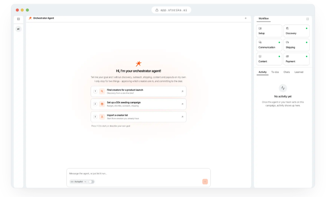 Storika richtet sich an D2C-Marken, Consumer-Brands und Agenturen, die Influencer- und Creator-Kampagnen skalieren wollen ohne ein eigenes Creator-Marketing-Team aufzubauen, mit Fokus auf Self-Service ab Pro-Plan für laufende Always-On-Programme..