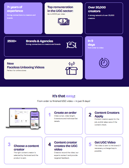 🎥 Stylink UGC — Stylink UGC ist eine deutsche UGC-Plattform mit über 20.000 Creators die Self-Service-Briefing für Brands und Agenturen ermöglicht mit unbeschränkten Nutzungsrechten für Online-Marketing