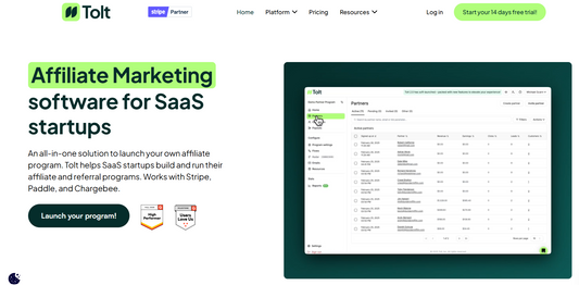 🚀 Tolt — Tolt ist eine moderne Affiliate-Marketing-Software speziell für SaaS-Startups mit nativer Integration zu Stripe, Paddle und Chargebee. Das Unternehmen bietet eine All-in-One-Lösung für Tracking, automatische Auszahlungen, Fraud-Schutz und ein gebrandetes Affiliate-Portal mit eigener Domain. Mit PayPal-, Wise- und Payoneer-Auszahlungen sowie bald verfügbaren Crypto-Payouts richtet sich Tolt an SaaS-Gründer und kleine Subscription-Unternehmen