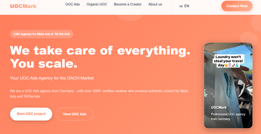 🇩🇪 UGCMarkt — UGCMarkt ist eine deutsche UGC-Agentur mit Sitz in Deutschland die auf Paid Ads für Meta und TikTok sowie auf organische UGC-Kampagnen mit über 500 verifizierten deutschsprachigen Creators spezialisiert ist