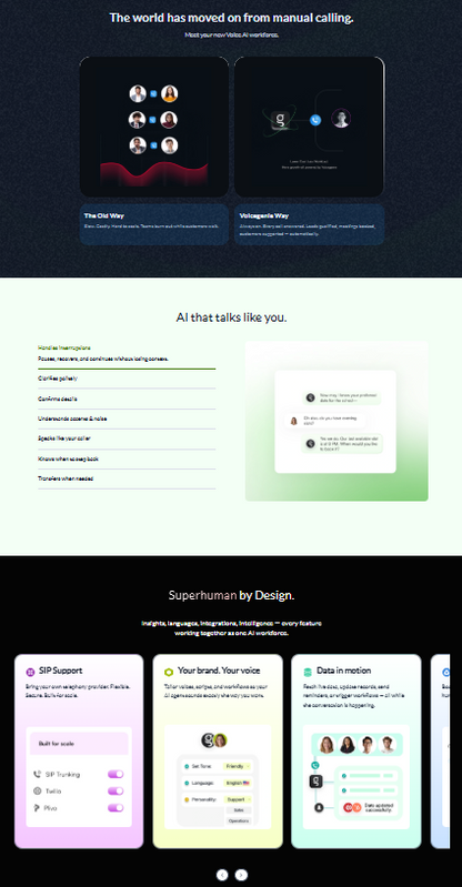 🧞 VoiceGenie — ist eine Enterprise-Voice-AI-Plattform für automatisierte Outbound- und Inbound-Konversationen mit 12M+ verarbeiteten Minuten, 1200+ Kunden und 30-Sekunden-Setup ohne Dev-Team VoiceGenie richtet sich an Sales- und Support-Teams, die Outbound-Campaigns, Lead-Qualifizierung, Terminbuchung und Collections ohne zusätzliche Headcount skalieren wollen.