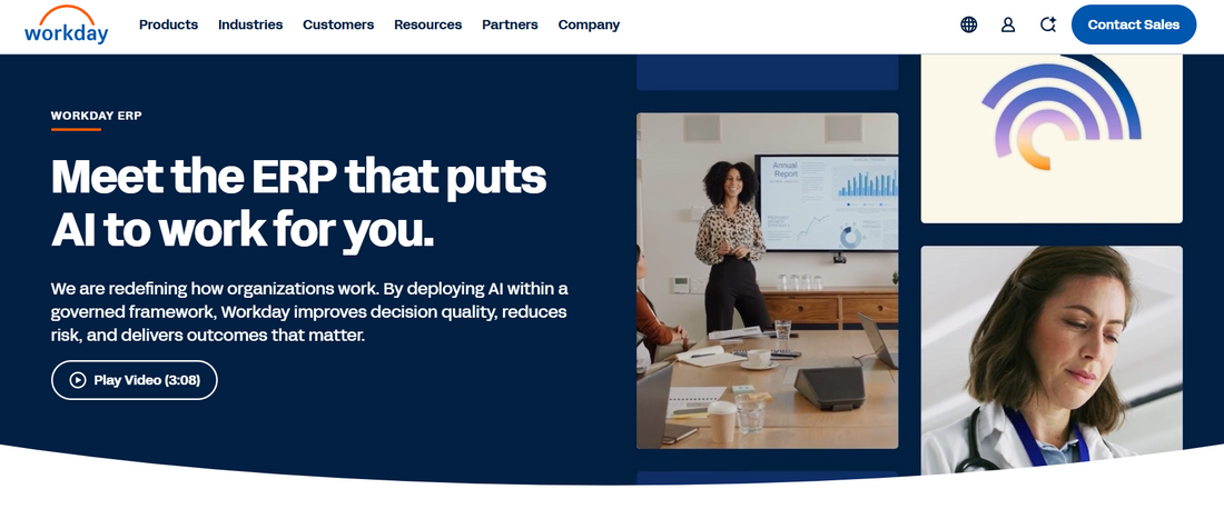 Workday – offizielle Startseite "AI-powered ERP" aus Pleasanton mit Hero-Botschaft und Navigation zu Finance, Human Capital Management und Adaptive Planning.