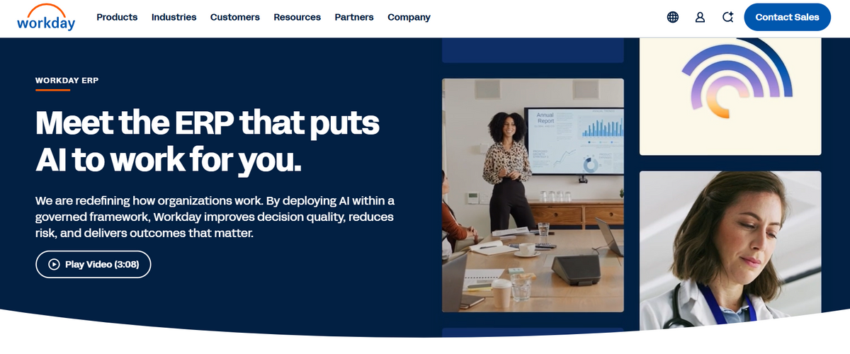 Workday – offizielle Startseite "AI-powered ERP" aus Pleasanton mit Hero-Botschaft und Navigation zu Finance, Human Capital Management und Adaptive Planning.